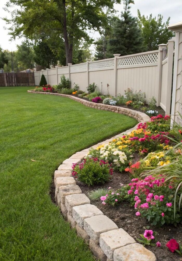 Landscaped garden with curved stone-edged flower bed and lawn — All Aspects Construction, Cardiff