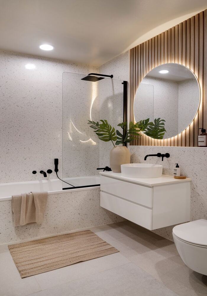 Bathroom with round mirror and vanity unit — All Aspects Construction, Cardiff