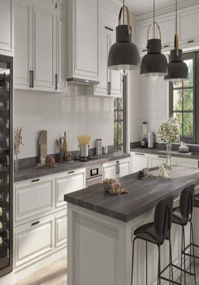 Modern dark fitted kitchen with pendant lighting — All Aspects Construction, Cardiff