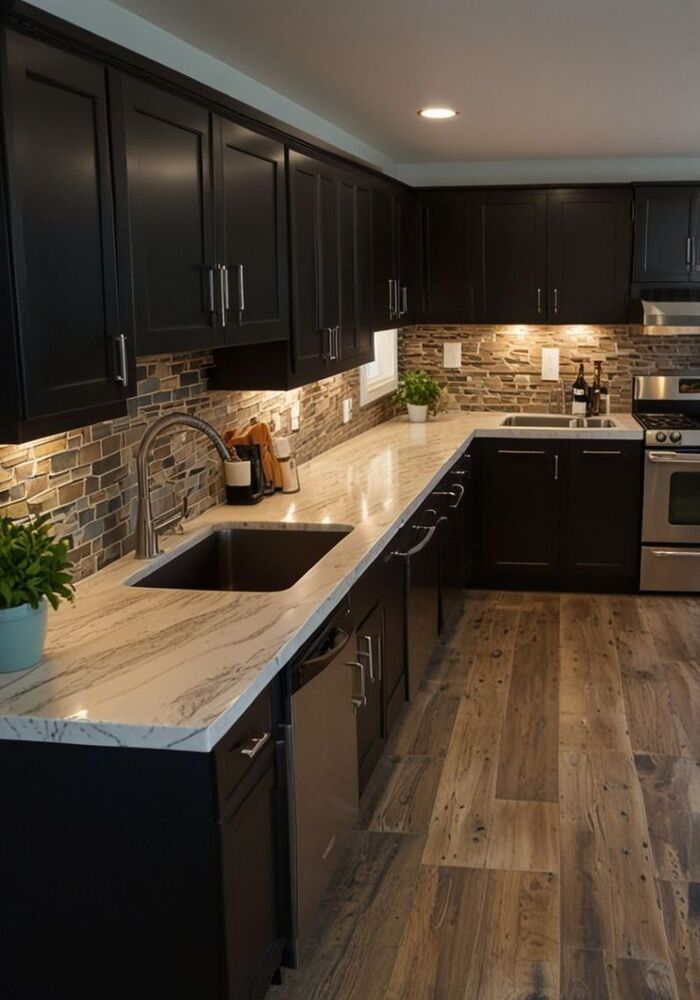 Modern dark kitchen with island and wood flooring — All Aspects Construction, Cardiff