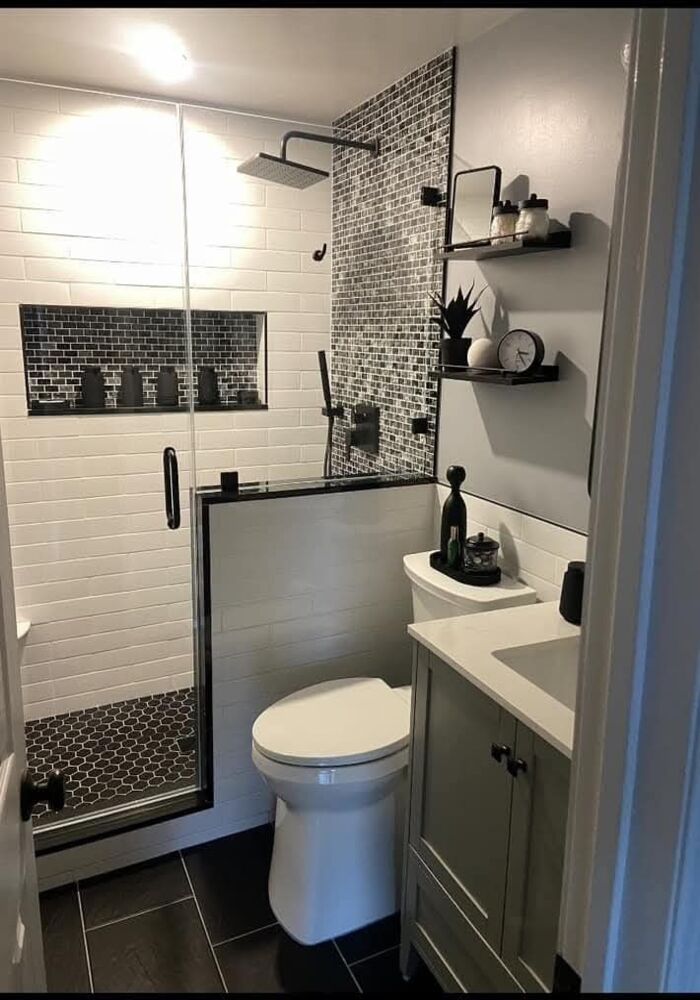 Dark-tiled bathroom with WC — All Aspects Construction, Cardiff
