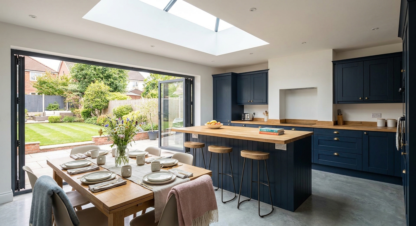 Bright open-plan kitchen extension with bifold doors in a Penarth home