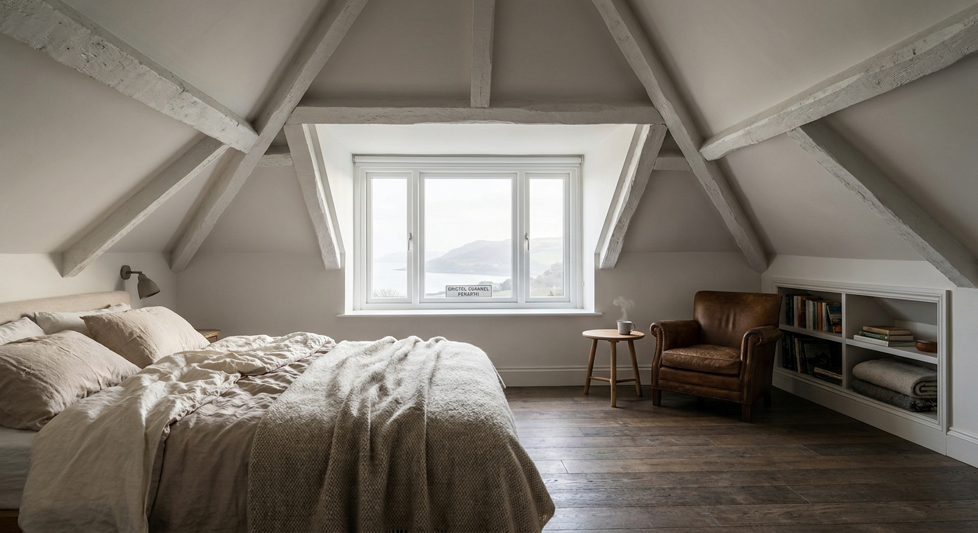 Loft conversion bedroom with a dormer window framing the Bristol Channel near Penarth
