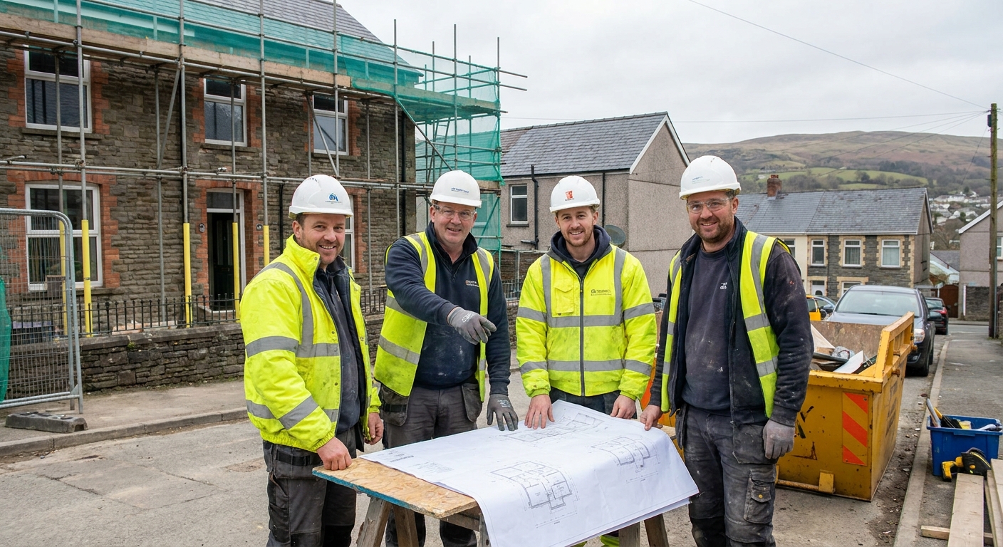 The All Aspects building team reviewing plans outside a period home renovation